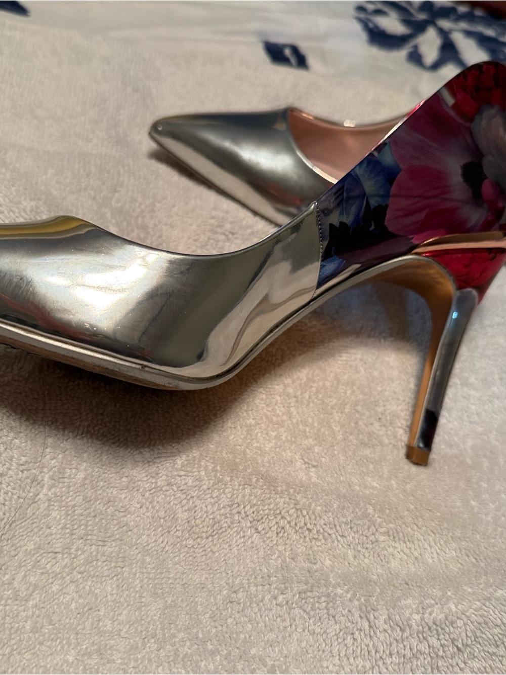 Ted Baker London Silver Pointed Toe Pumps with Floral Heel Accent